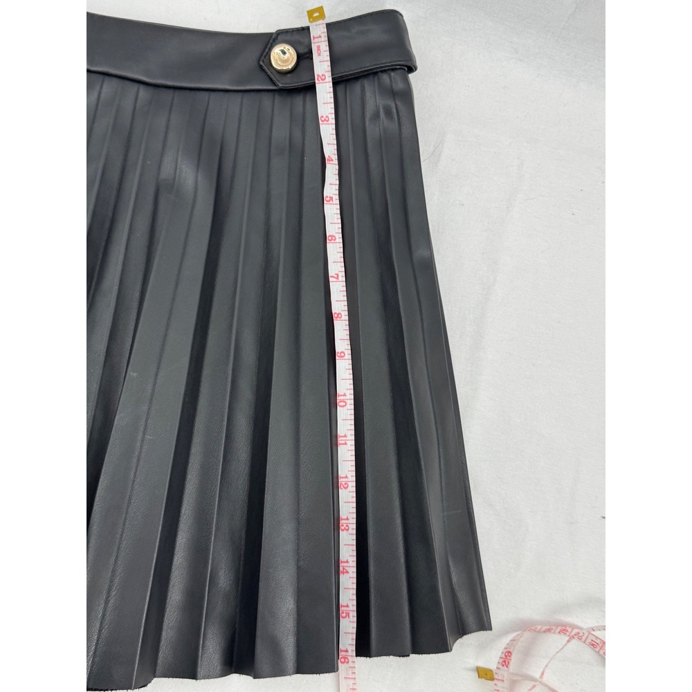 Zara Black Faux Leather Pleated Mini Skirt Gold Button Accent Women Large - Picture 6 of 6